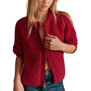 Imagem de Cardigan De Crochê Para Mulheres Tops Chunky Knitted Crew Neck Long Sleeve Button Down Jackets Open Front, Red, S