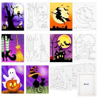 Imagem de COCHIE Pacote com 6 telas pré-desenhadas de 20 x 25 cm de Halloween para pintar em festas de gole e pintar, telas pré-impressas Jack-O-Lantern, tela pré-esboçada de bruxa morcego fantasma para pintura