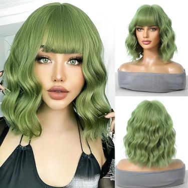 Imagem de Peruca verde com franja, perucas coloridas de 35,5 cm, comprimento do ombro, cabelo verde ondulado, ondulado, para mulheres, encantadoras perucas sintéticas resistentes ao calor para uso diário em