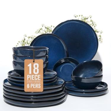 Imagem de Pokini Conjunto de pratos de grés de 18 peças para 6, conjunto de pratos e tigelas de cerâmica esmaltada reativa | Design irregular inspirado no litoral para entretenimento casual e jantares íntimos |