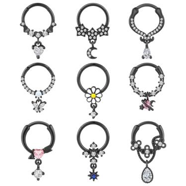 Imagem de Qmcandy 9 peças de aço inoxidável 16G septo clicker pingente coração estrela borboleta flor anéis de segmento articulado, Metal, Zircônia cúbica