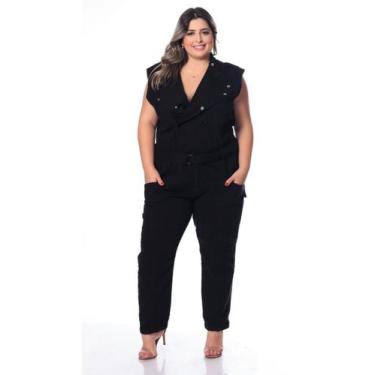 Imagem de Macacão Feminino Sarja Plus Muscle Preto Razon Jeans, G4, Preto