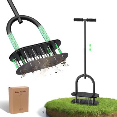 Imagem de Onadak Ferramenta aeradora de grama, aerador de gramado com 15 pontas de ferro, limpeza automática de folhas e sujeira com design acionado por mola, aerador manual de metal para afrouxar o solo, pátio