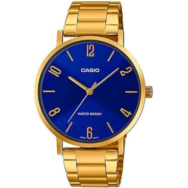 Imagem de Casio LTP-VT01G-2B Relógio analógico feminino minimalista, dourado, aço inoxidável, mostrador azul, 3 ponteiros