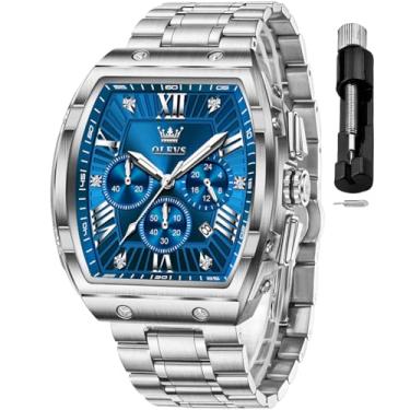 Imagem de OLEVS Relógio masculino analógico de quartzo cronógrafo quadrado relógio masculino de aço inoxidável ou pulseira de couro à prova d'água luminoso data relógio masculino, relógio masculino azul