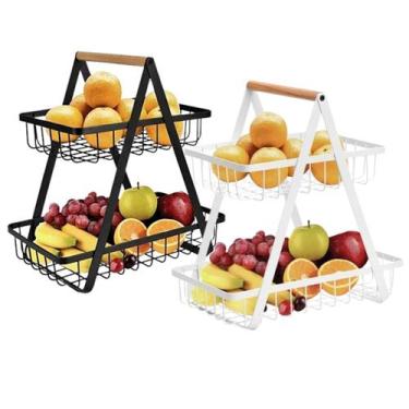 Imagem de Fruteira de Mesa Sortida 2 Andares Cesto de Metal Alça Madeira Casa Co