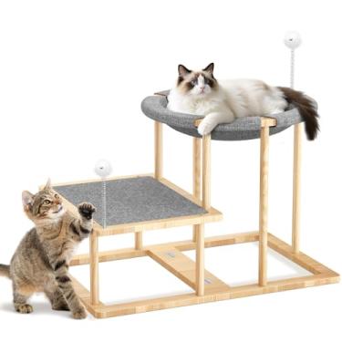 Imagem de Pawaboo Cama de rede elevada para gatos, cama de mesa para gatos de 2 camadas com 2 provocadores de gatos, móveis de madeira para gatos com tapete antiderrapante para arranhar, rede interativa em