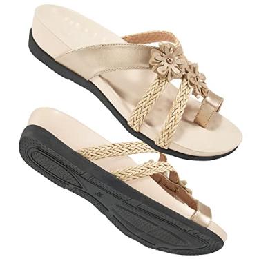 Imagem de FUDYNMALC Chinelo ortopédico feminino com suporte de arco para pés chatos, sandálias ortopédicas, fascite plantar, confortável, sandália de caminhada para mulheres, Dourado, 41