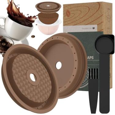 Imagem de 6 tampas de cápsulas de café expresso reutilizáveis, cápsulas de café expresso recarregáveis de silicone com 20 selos de folhas de alumínio, kit de cápsulas de café reutilizável com colher de escova