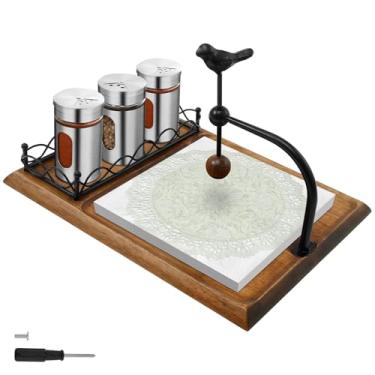 Imagem de Elegante suporte de guardanapo plano de madeira com armazenamento de saleiro e pimenteiro, organizador de armazenamento de pote de tempero preto versátil para cozinha, sala de jantar, uso ao ar livre