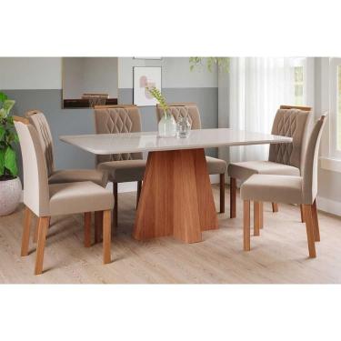 Imagem de Sala de Jantar Completa Maitê Tampo Madeirado c/ Vidro 160x80cm e 6 Cadeiras Juliana Cinamomo/Off White - Carvalho/Linho Bege - Cimol