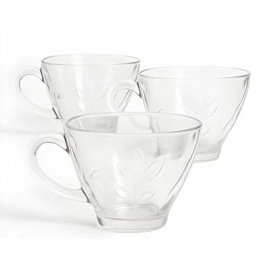 Imagem de Conjunto 3 Xícaras de Vidro Para Chá Café Decoradas 220ml Transparente Clássico com Alça para Bebidas Quentes Capuccino Expresso Cozinha Copa Escritório Recepção Premium