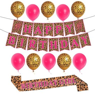 Imagem de Faixa de aniversário de guepardo rosa, faixa com estampa de leopardo rosa, kit de festa de guepardo selvagem para meninas, material de festa com tema da selva BWLQJD-FS