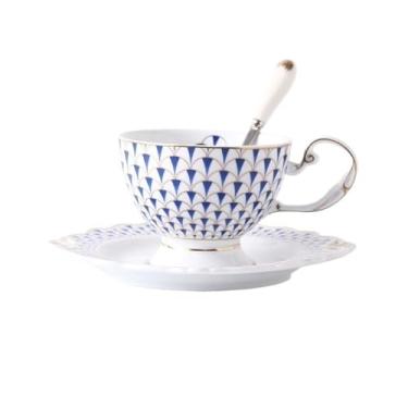 Imagem de Caneca de café de cerâmica Caneca de café cerâmica luxo europeu conjunto pires chá da tarde com colher xícaras pretas borda dourada(Blue)