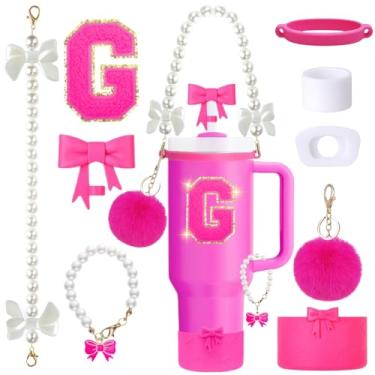 Imagem de Conjunto de acessórios de copo Stanley rosa de 9 peças para copo de 850 g 1,134 g com alça, inclui alça de pérola, topos de palha e bota de laço, pingentes de decoração, adesivo de letra, tampas à