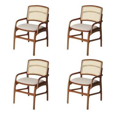 Imagem de Conjunto 4 Cadeiras De Jantar Florença Em Madeira Jequitibá Terra Braço Encosto Palha Linho Bege
