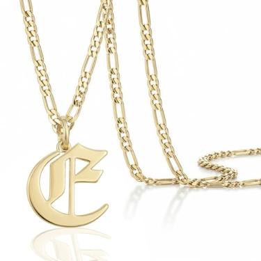 Imagem de Colar masculino com pingente de inicial banhado a ouro 14k Beleco – Colar com letra A-Z com corrente fígaro, joia com pingente de alfabeto de ouro personalizado em inglês antigo, Medium, Banhado a