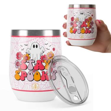 Imagem de Biddlebee Copo de vinho isolado sem haste de 340 g com tampa para Halloween – Copo de aço inoxidável, resistente a derramamentos – Fantasmas cor-de-rosa fofos – para café, chá, água, vinho