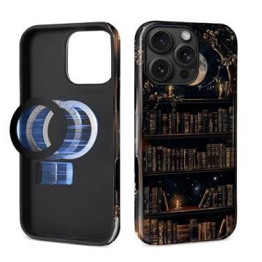 Imagem de MQJCYB Capa magnética para iPhone 16 Pro Max, compatível com MagSafe, capa protetora fina de TPU macio para celular feminina e meninas para iPhone 16 Pro Max-Dark Gothic Bookshelf Moon
