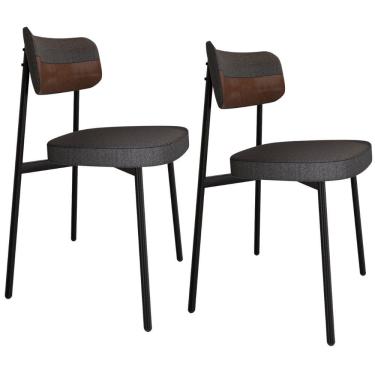 Imagem de Kit 02 Cadeiras Estofada Para Sala de Jantar Astrid Preto C01 Linho Preto Courino Whisky - Lyam Decor