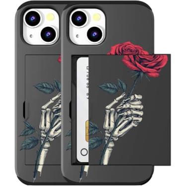 Imagem de MUQR Capa compatível com iPhone 15 com porta-cartão fofo - Design Kawaii, proteção contra quedas de nível militar, capa carteira robusta para mulheres (esqueleto preto caveira rosa)