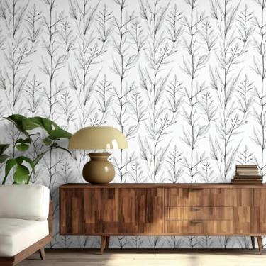 Imagem de ESSMOKO Papel de parede esboço ramos e folhas padrão PVC autoadesivo impermeável papel de parede quarto sala de estar banheiro cozinha adesivo cigarra asa 45 * 500 cm