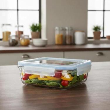 Imagem de Kit 5 Potes Retangular Hermético Vidro Marmita Microondas Fitness Marm