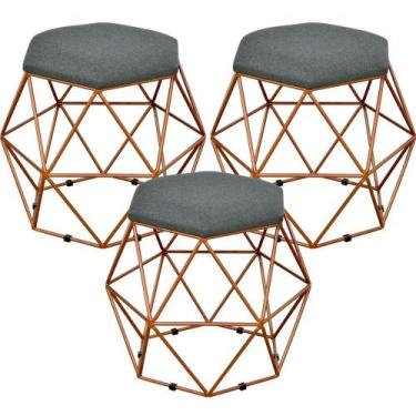 Imagem de Kit 03 Puffs Decorativo Aramado Bronze Six Linho Chumbo - Lyam Decor