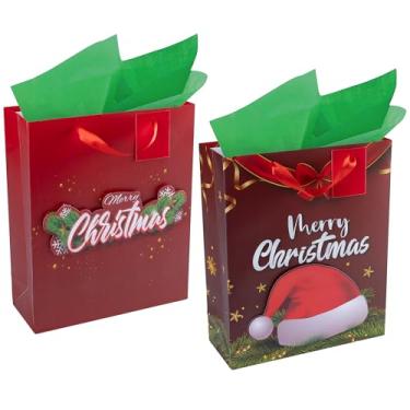 Imagem de RACHELLE'S Sacos de presente de Natal – Médio 33 x 25 x 10 cm – Pacote com 2 sacos de presente de papel resistentes com papel de seda, etiqueta e alça – desenhos de guirlanda e chapéu de Natal
