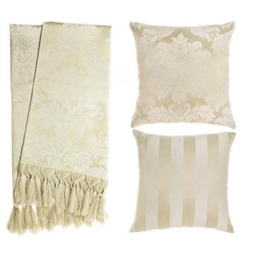 Imagem de Kit 1 Manta Xale para Sofá e Poltronas Em Tecido Jacquard 2 Capas De Almofada (Bege,1 Manta - 2 Capas)