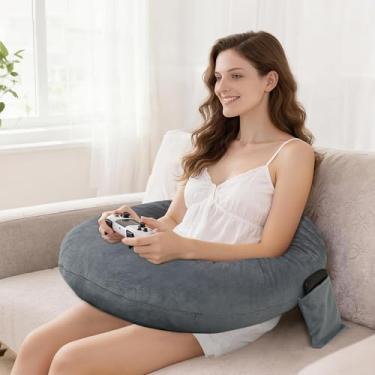 Imagem de DWCN Travesseiro de leitura para jogos, suporte de colo com bolso lateral e alça traseira para cama, sofá, chão - travesseiro de descanso de braço para brincar, trabalhar, sentar, fazer crochê (cinza)