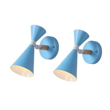 Imagem de Pacote com 2 arandelas modernas, luminária de parede para quarto infantil, cor macaron, luminária de cabeceira nórdica de madeira maciça, luz de leitura giratória em 350°, arandelas de metal