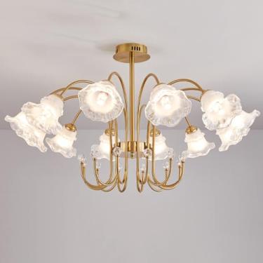 Imagem de Lustre de flores douradas para quarto, luminária pendente de vidro leitoso, luminária de teto moderna de meados do século, lustre floral semi-embutido para quarto de meninas, sala de estar,