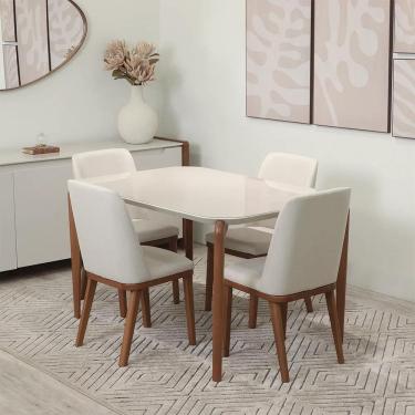 Imagem de Conjunto de Jantar Mesa Retangular com Vidro Donatella 4 Cadeiras Kalina - Natural c/ Off White