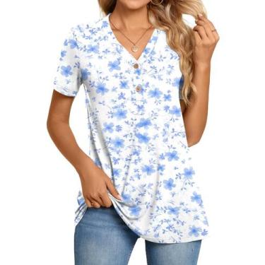 Imagem de Túnica BISHUIGE feminina Henley Button, manga curta, azul L