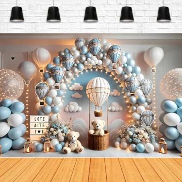 Imagem de Balões de ar quente flores nuvens fundo colorido balão de ar quente urso bebê feliz aniversário festa banner menino menina 1º aniversário festa pano de fundo (2,1 x 1,5 m)