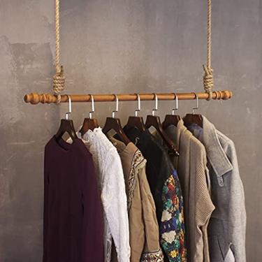 Imagem de Cabide de pé cabide de madeira com altura ajustável para pendurar na parede, organizador com cordão para pendurar no teto, prateleira de exibição de roupas para economizar espaço de armazenamento (