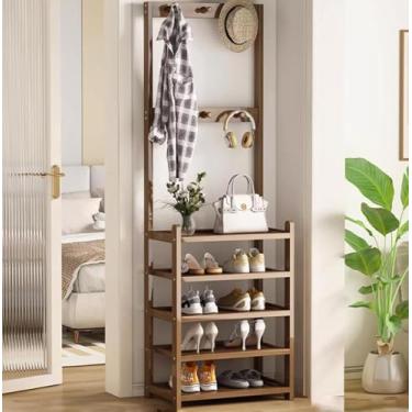 Imagem de Árvore Hall Com 10 Ganchos E Armazenamento De Sapatos De 5 Andares, Cabideiro De Madeira Para Corredor Com Bech, Árvore De Casacos Livre Para Guarda-roupa, Prateleira De Armaze, Brown, W70CM