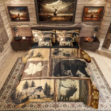 Imagem de Erosebridal Conjunto de cama King rústico com 7 peças, retrô, estilo cabana ocidental, com lençol com lençol de caça, urso, veado, para crianças e adultos, conjunto de cama xadrez e folhas de bordo
