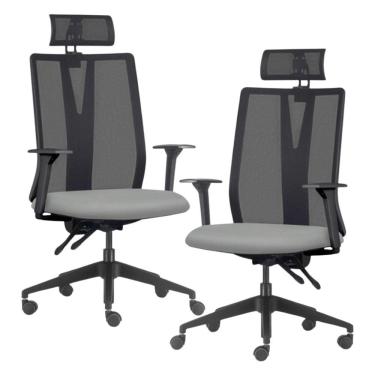 Imagem de Kit 2 Cadeiras Escritório Giratória Presidente Flow F02 Base Preta Sintético Cinza - Lyam Decor