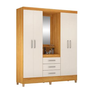 Imagem de Guarda-Roupa Casal com Espelho Capelinha Pérsia 4 Portas 3 Gavetas Cinamon e Off White