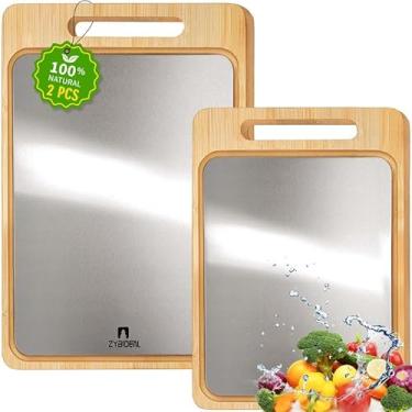Imagem de ZYBIDEAL 2 tábuas de corte de titânio e bambu, tábua de corte de dois lados para cozinha, tábua de cortar com ranhuras para carne, legumes e frutas P + M