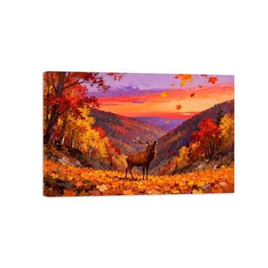 Imagem de Quadro parede outono-Árvore floresta cervo montanha Impressões em tela paisagens-Pintura animais para decoração sala estar 20x30cm Tela Embrulhada