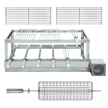 Imagem de Churrasqueira Gira Grill Inox - 6 Espetos Giratórios + 2 Grelhas Móveis + Grelha Giratória Peixe/Frango, Motor DIREITO, BRINDE