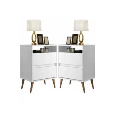 Imagem de Conjunto Mesas De Cabeceira Retrô Pés Palito Em Madeira Maciça 2 Gavet