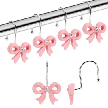 Imagem de YanKiTour Ganchos de cortina de chuveiro com laço rosa, pacote com 12 nós de resina decorativos, anéis à prova de ferrugem de aço inoxidável para banheiro, quarto, sala de estar, quarto de bebê