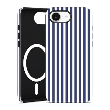 Imagem de Jusy Compatível com MagSafe Capa de telefone listrada para iPhone 16e, linda estética magnética macia TPU e capa protetora de policarbonato rígido para mulheres e meninas (fosco) - azul marinho
