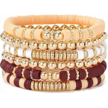 Imagem de Pacote de pulseiras femininas empilháveis – Contas de argila boho chiques com detalhes dourados para um visual em camadas, General, Cerâmica, Sem Pedra Preciosa