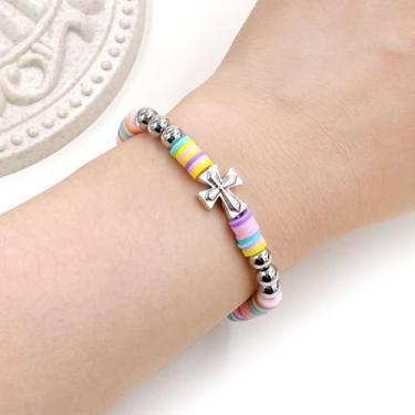 Imagem de Pulseira de disco de argila, pulseira elástica de contas de polímero multicolorido, joia minimalista boho de verão, pulseira de fé personalizável durável para mulheres, pulseira de praia versátil de