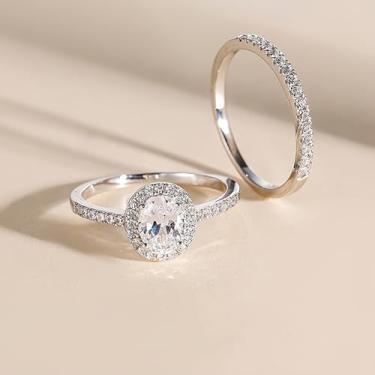 Imagem de 2 peças/conjunto de anéis de noivado de zircônia cúbica de moda clássica banhada a ouro branco, alianças de compromisso, festas noturnas, presentes de dia dos namorados, alianças de eternidade para